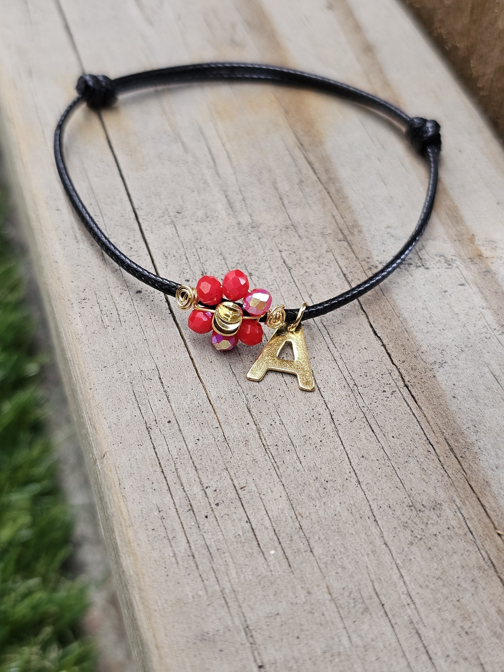 Personalized Red Bead Flower Initial A Bracelet